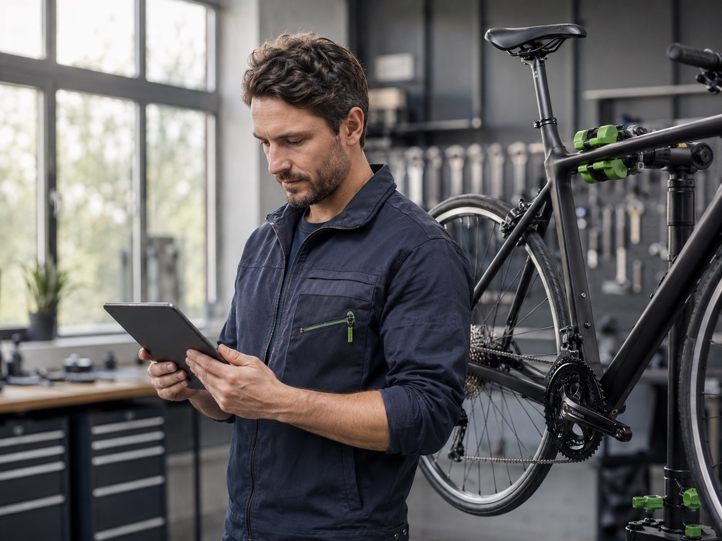 Werkstattmitarbeiter erfasst Auftragsdaten auf einem Tablet, daneben ein aufgebocktes Fahrrad