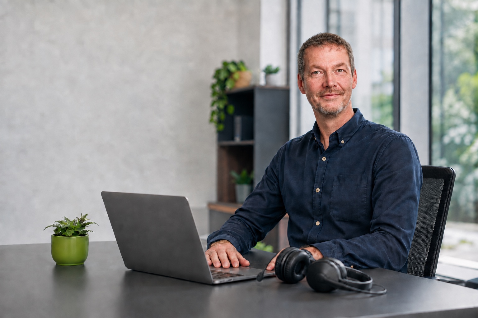 Daniel Senn am Schreibtisch mit Laptop und Headset, blickt freundlich in die Kamera