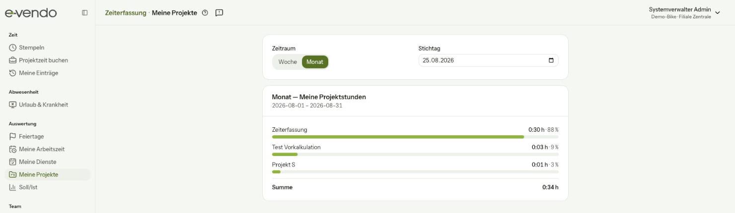 Meine Projekte: eigene Stunden je Projekt mit Anteil und Balkenvergleich